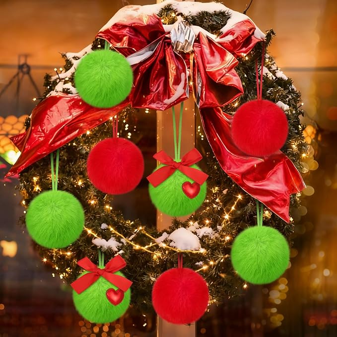 12 Pcs Lime Green with Red Bow Furry Christmas Ball Ornaments Christmas Tree Decorations Pom Pom Ball Ornaments for Christmas Decorations Fireplace Mantel Wall Decor