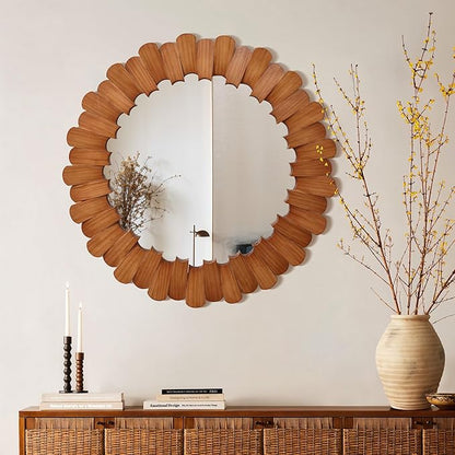 LuxenHome 35-Inch Round Wood Wall Mirror for Lving Room, Vintage Circle Decorative Vanity Mirror with Petal Frame, Wall Mounted Hanging Sculptures for Bathroom Bedroom Entryway Home Decoration