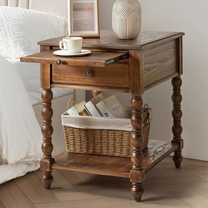 HULALA HOME Spindle Nightstands with Charging Station, Solid Wood Nightstand with Drawer Shelf, Side Table with Pull-Out Shelf (Walnut)