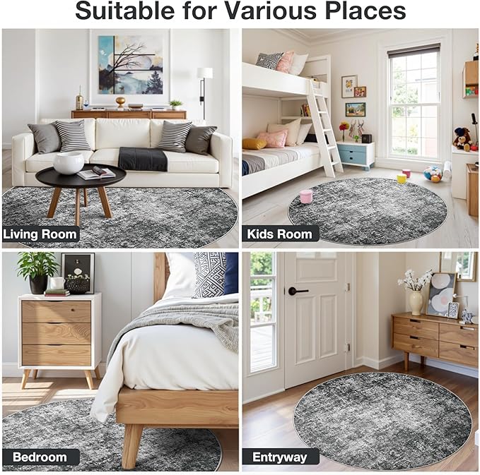 Round Rug 6ft Circle Rug Washable: Carpet Small Circular Area Rug for Entryway Kitchen Bedroom Dining Room Living Room 6 Feet Abstract College Dorm Non Slip Low Pile Black Grey