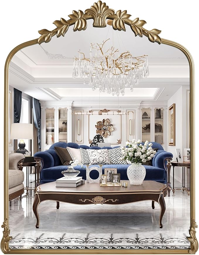 WallBeyond Gold Antique Mirror for Vanity 28x36 Inch, Gold Vintage Mirror with Ornate Frame, Arched Vintage Wall for Bathroom, Living Room, Fireplace