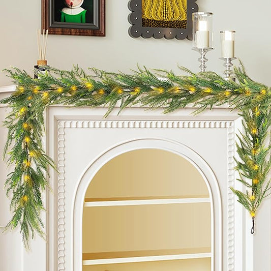 6 FT Artificial Christmas Norfolk Pine Garland, Real Touch Pine Garland with 20 LED Lights, Mixed with Noble Fir, ‌Heavier and Larger, Timer, Perfect for Table Window Mantel Indoor Outdoor