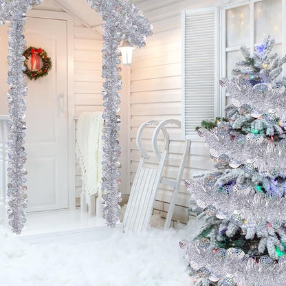 LOAVER 33 FT Christmas Silver Disco Ball Tinsel Garland,Metallic Tinsel Twist Garland Shiny Hanging Decoration for Christmas Tree Disco Party Home Supplies Staircase Railing Indoor Outdoor Decor