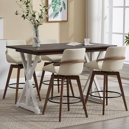 Mid-Century Swivel Bar Stools Set of 2, 26.5 inch Counter Height Barstools PU Leather Bar Chairs with Wooden Frame for Kitchen Island Dining Room, Beige