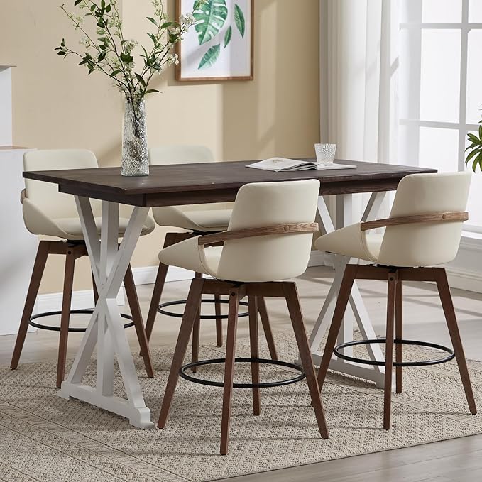 Mid-Century Swivel Bar Stools Set of 4, 26.5 inch Counter Height Barstools PU Leather Bar Chairs with Wooden Frame for Kitchen Island Dining Room, Beige