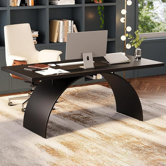homary 70.9" Industrial Executive Desk, Black Top Desk Modern Home Office Desk with Arched Design Legs for Study, Office, Home Office
