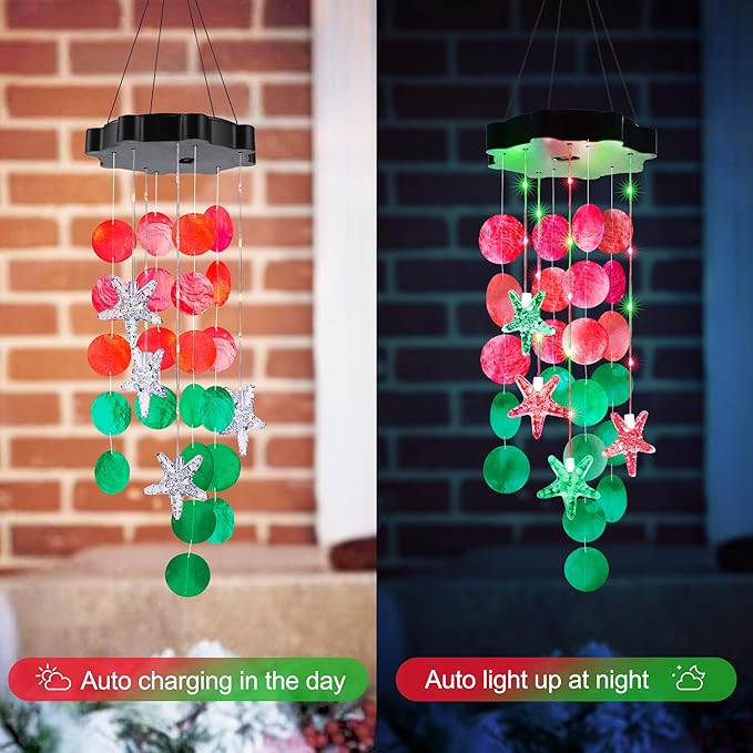 Solar Shell Gift for Mom Grandma Girls, Christmas Red & Green Solar Wind Chimes for Outside,Christmas Decorative Mobile Lights for Garden, Yard, Patio, Window, Party, Outdoor Decorations