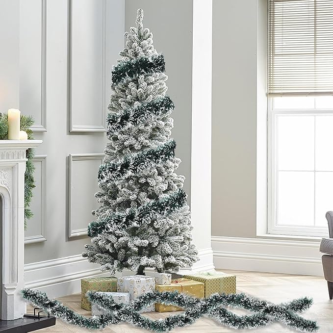 50Ft Christmas Tinsel Garland - Green White Shiny Metallic Twist Decor for Christmas Tree Home Stairs Railing Front Door Mantle Fireplace Indoor Outdoor Holiday Party