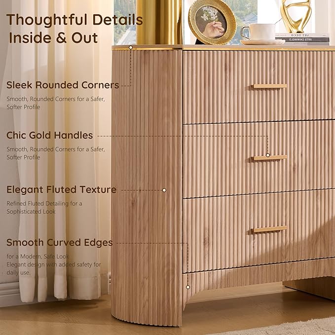 Fluted 3 Drawers Nightstand with Charging Station,31.7" W Bedside Table with Curved Profile Design,End Table Storage with USB Ports for Bedroom,Living Room,Gold Metal Handle,Light Oak