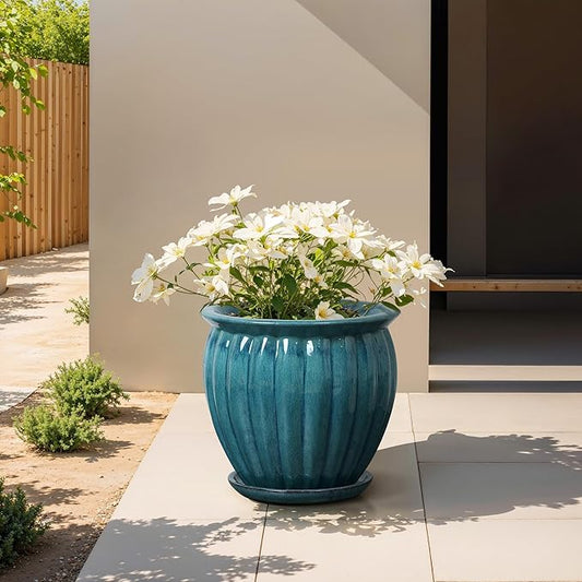LuxenHome 13.5-Inch Dia Round Ceramic Planters, Large Outdoor Indoor Plant Pots with Drainage Hole and Saucer, Modern Glazed Sea Blue Flower Pot Planters for Home Garden Patio Porch Office