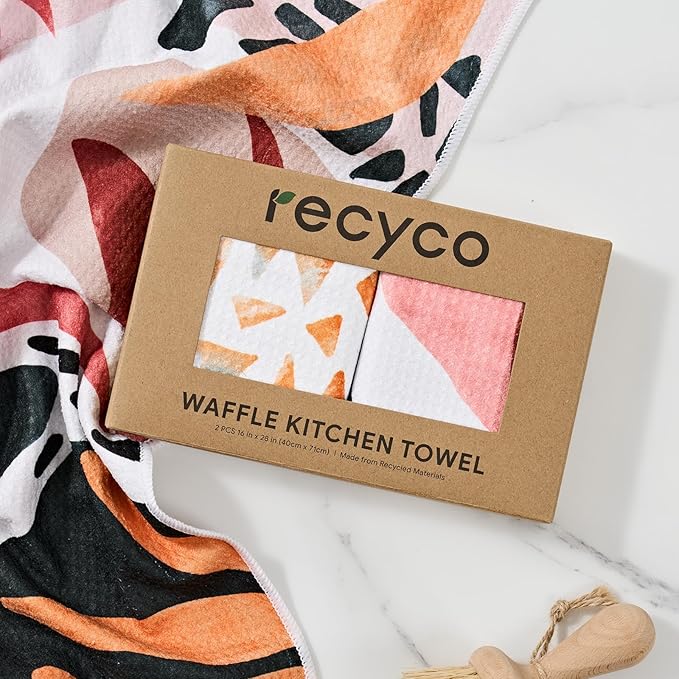 RECYCO Waffle Kitchen Towels Set of 2 Quick Dry Microfiber Sustainable Lightweight Hand Towels Boho Oasis 16x28