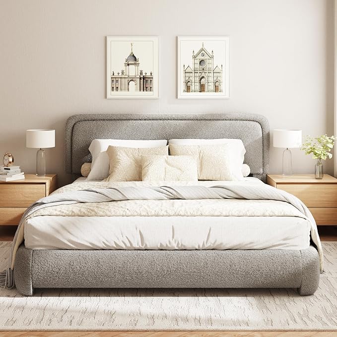 King Size Boucle Bed Frame, Cloud Upholstered Platform Bed with Height Adjustable Headboard & Soft Rounded Corners, No Box Spring Needed, Noise Free, Easy Assembly, Light Grey