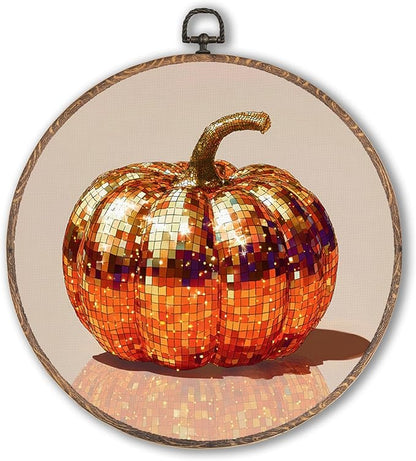 Hxlac Disco Pumpkin Round Wall Art Framed, Glam Disco Ball Orange Pumpkin Round Wall Decor, Trendy Fall Halloween Hanging Canvas Prints Wall Sculptures for Home Living Room Decor, 10x10 Inch