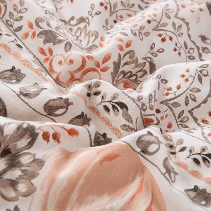 CLOTHKNOW Pumpkin White Floral Queen Comforter Set 3Pcs Botanical Bedding Comforter Sets Boho Comforter Pumpkin Comforter Queen with 2 x Pillow Cases
