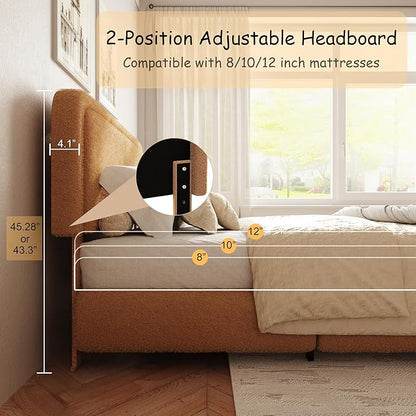 King Size Boucle Bed Frame, Cloud Upholstered Platform Bed with Height Adjustable Headboard & Soft Rounded Corners, Easy Assembly, No Box Spring Needed, Noise Free, Camel
