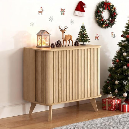 Fluted Sideboard Buffet Cabinet with Storage, 27” Curvy Edge Accent Storage Cabinet with Sliding Doors & Shelves, Modern Sideboard Credenza Console for Kitchen, Living Room, Entryway, Oslo