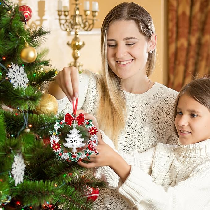 2025 Christmas Ornaments for Tree,Christmas Wreath Ornaments 2025 with Rotatable Tree for Christmas Tree Decorations Holiday Decorative Annual Keepsake Gift (Metal,Silver)
