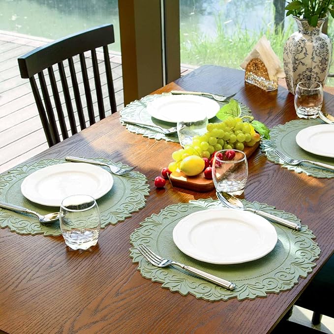 Noctiflorous Round Faux Leather 15 Inch Placemats Set of 4 Waterproof Wipeable Heat Resistant Tablemat for Dining Table Kitchen Non Slip Oilproof Table Place Mat for Indoor Outdoor(A Green, 4)