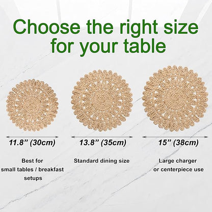 15" Set of 6 Round Corn Husk Placemats | Boho Woven Rattan Table Mats | Farmhouse Wicker Spring Plate Chargers Like Water Hyacinth, Seagrass Table Mats