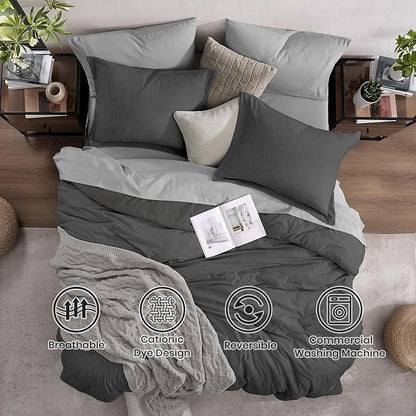 Monbix King Size Comforter Set, Dark Grey King Size Bed Set Reversible 7 Pieces, Cationic Dyeing Bed in a Bag with Comforter, Sheets, Pillowcases & Shams