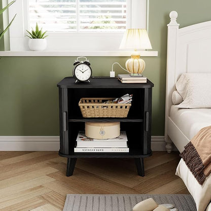 24 Inch End Table with Charging Station, Mid Century Modern Fluted Nighstand with Storage & Sliding Door, Wooden Large Side Table for Bedroom Living Room (Square, Black)