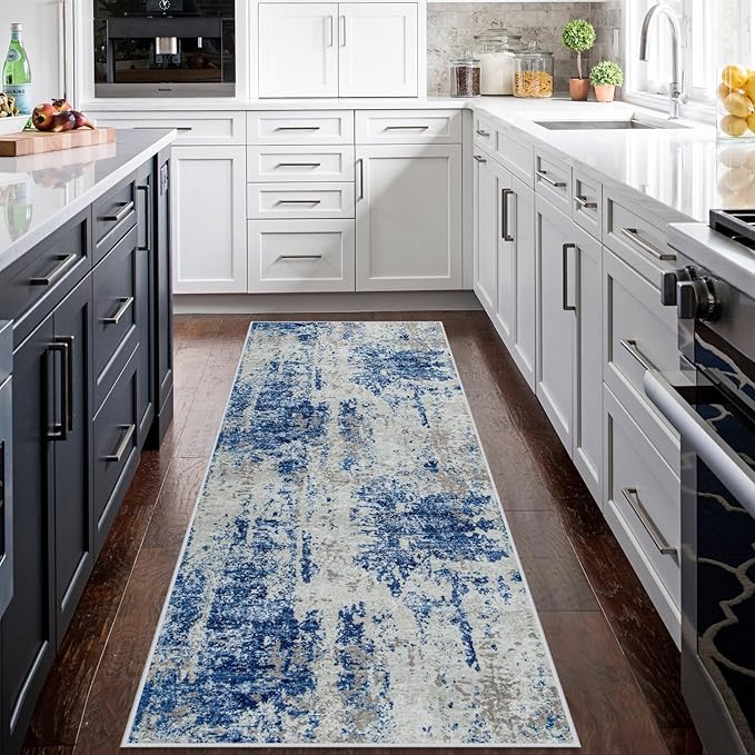 Runner Rug for Hallways Kitchen 2'6"x8' Washable Non Slip: Carpet Non Skid 8ft Entryway Rubber Backed 8 Feet Neutral Abstract Modern Rug Low Pile Pet Friendly Indoor Blue Grey White