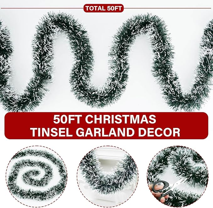 50 Feet Green White Christmas Tinsel Garland Metallic Twist Shiny Garland for Christmas Tree Decorations, Xmas Hanging Decor Xmas Tree Decor for Home Office Mantle Indoor Outdoor Holiday Party