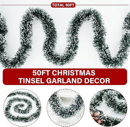 50 Feet Green White Christmas Tinsel Garland Metallic Twist Shiny Garland for Christmas Tree Decorations, Xmas Hanging Decor Xmas Tree Decor for Home Office Mantle Indoor Outdoor Holiday Party