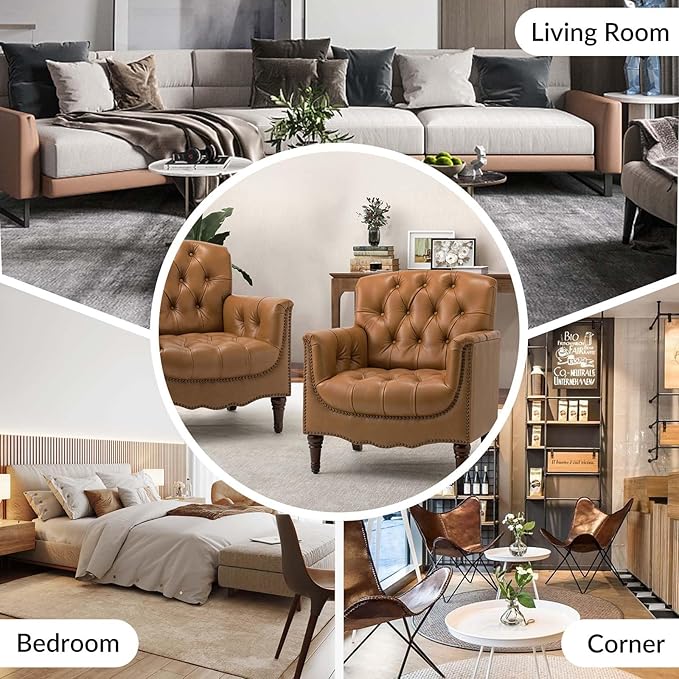 HULALA HOME Mid Century Modern Leather Club Chairs, Top-Grain Genuine Leather Armchairs with Button-Tufted Back & Solid Wood Legs, Accent Chairs for Living Room/Bedroom/Home Office, Camel