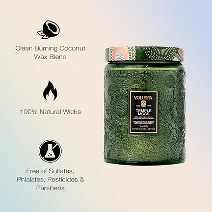 Voluspa Temple Moss, Large Candle Jar, 18oz, Coconut Wax Blend, Scented Candles for Home, 100 Hour Burn Time, Handcrafted in the USA