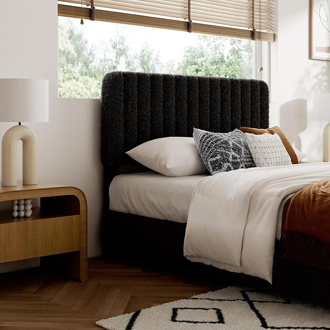 Full Size Boucle Bed Frame, Upholstered Cloud Platform Bed Frame with Adjustable Headboard, Vertical Tufted, Soft Rounded Corners, No Box Spring Needed, Noise Free Design, Easy Assembly, Black