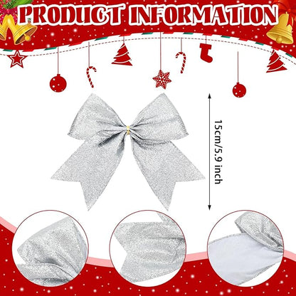Cindeer 24 Pcs Silver Christmas Bow Decorations 6 x 6 Inches, Glitter Holiday Ornaments Sequin Ties Bows for Xmas Tree, Wreath, DIY Crafts, Gift Wrapping, Party Decor