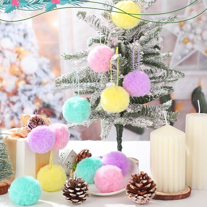 Gejoy 12 Pcs Pastel Furry Christmas Ball Ornaments for Xmas Tree Colorful Christmas Hanging Decorations Soft Faux Fur Pom Pom Ball Ornaments for Party Supplies Fireplace Mantel Home Wall Decor