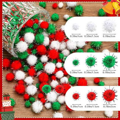 UPINS 600 Pcs Christmas Pom Poms Balls, Glitter Red Green White Craft Balls for Christmas Party DIY Creative Crafts Decorations Supplies (3 Size)