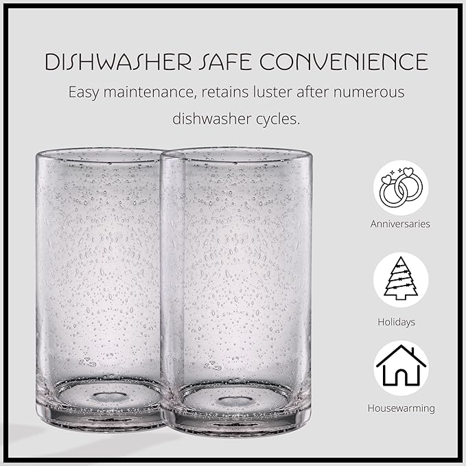 Artland 17oz Highball Tumbler, Set of 4 | Iris Seeded Design, Clear | Drinking Glass for Parties and Everyday Use - Mojito, Whiskey, Cocktail | Glassware & Kitchenware Essentials