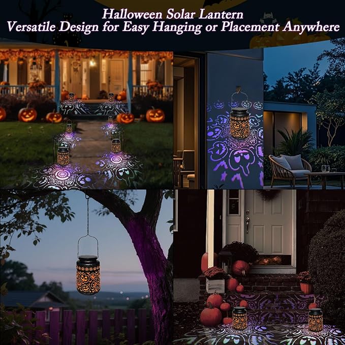 Pumpkin Solar Lanterns, Jack O Lantern Outdoor Waterproof Light Up Pumpkins with Fantasy Glow, Metal Hanging Solar Halloween Decorations for Yard, Patio, Porch, Party Gift, Kids