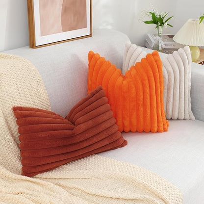 decorUhome Faux Fur Throw Pillow Covers 18x18 Set of 2, Decorative Soft Plush Striped Neutral  Euro Pillow Covers with Velvet Back for Bed, Living Room Home Decor, Beige