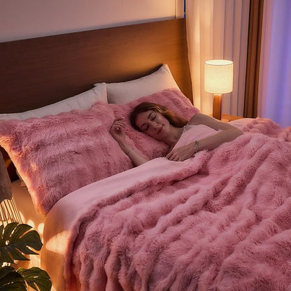 Lotus Karen Faux Fur Pink Comforter King – Fluffy Big Bubble Faux Rabbit Fur Thick Comforter Sets, Warm Cozy Fuzzy Bed Set 3 Pieces, 1 Comforter and 2 Pillowcases