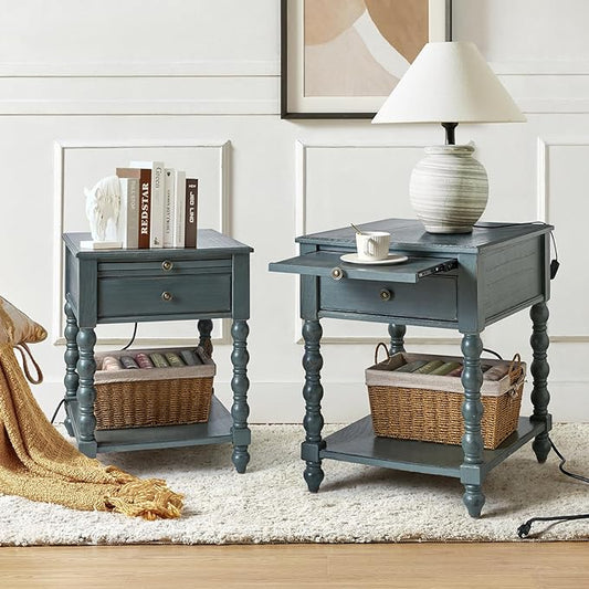 HULALA HOME Spindle Nightstands with Charging Station, Solid Wood Nightstand with Drawer Shelf, Side Table with Pull-Out Shelf (Blue)