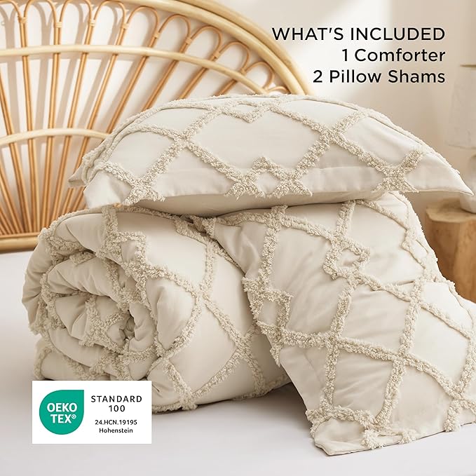 Bedsure Boho Comforter Set Queen - Beige Tufted Queen Size Comforter, 3 Pieces Farmhouse Shabby Chic Embroidery Bed Set, Soft Fluffy Geometric Pattern Bedding for All Seasons
