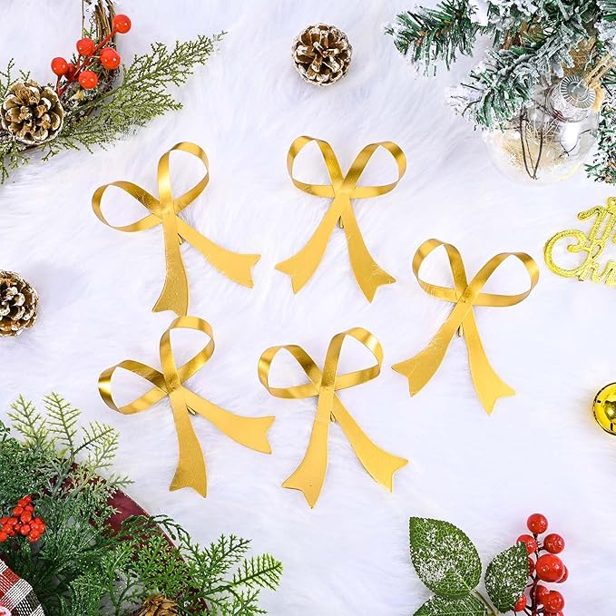 12 Pcs Christmas Metal Bow Ornaments Gold Christmas Tree Hanging Ornaments Bow Tree Topper Gold Bow Decoration for Christmas Tree Garland Wreath Indoor Outdoor Decor