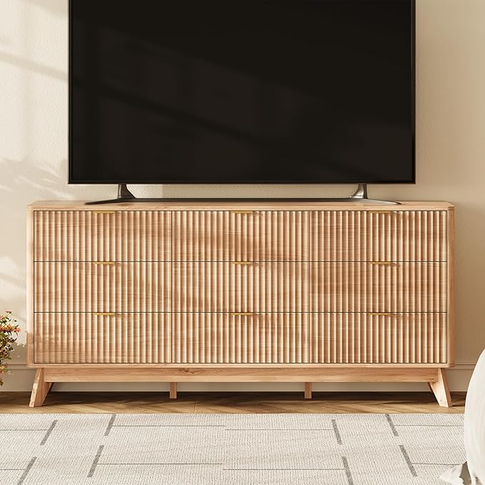 63'' Wide 9 Drawers Dressers for Bedroom, Modern Fluted Chest with Arc Corners, Large Wooden Dresser TV Stand, Wood Closet Clothes Storage Organizer for Living Room, Natural Wood