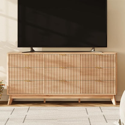 63'' Wide 9 Drawers Dressers for Bedroom, Modern Fluted Chest with Arc Corners, Large Wooden Dresser TV Stand, Wood Closet Clothes Storage Organizer for Living Room, Natural Wood