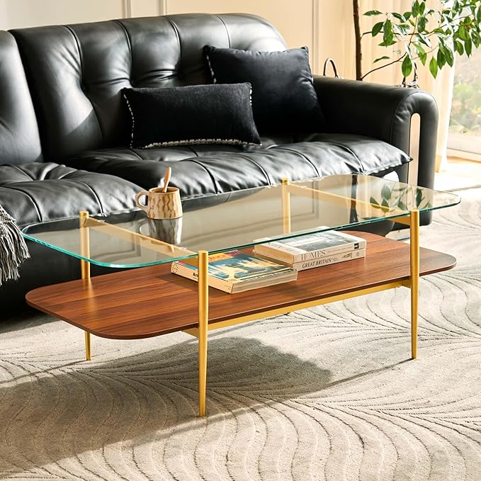 AGV LIGHTING Tadio Large Glass Coffee Table, Mid-Century Modern Coffee Table for Living Room, Gold Finish Leg, Clear Glass Top & Walnut Brown Shelf, 47 in Rrounded Corners