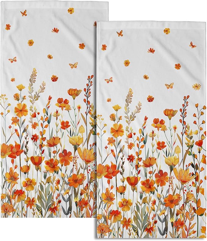 Watercolor Orange Daisy Hand Towels Autumn Floral Botanical Decorative Thanksgiving Seasonal Kitchen Spa 28x14