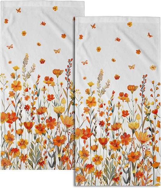 Watercolor Orange Daisy Hand Towels Autumn Floral Botanical Decorative Thanksgiving Seasonal Kitchen Spa 28x14