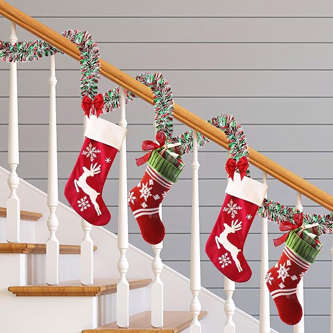 50 FT Christmas Tinsel Garland Christmas Decorations for Xmas Tree Decor Metallic Twist Shiny Hanging Garlands for Tree Mantel Stairs Fireplace Home Indoor Holiday Party Supplies (Red Green White)