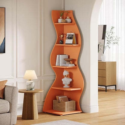 Tribesigns Wavy Corner Shelf, Modern 5-Tier Bookshelf Bookcase with Curvy Shape, Unique Plant Stand Display Rack for Living Room Small Space (Orange)