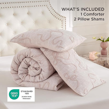 Bedsure Full Comforter Set, Pink Boho Tufted Bed Set, 3D Puffy Jacquard Bedding Full Size, 3 Pieces, 1 Farmhouse Shabby Chic Embroidery Comforter with Bow Pattern & 2 Pillow Cases