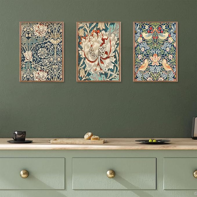 ILLBDR Framed Wall Art William Morris Botanical Flower Canvas Wall Art Set of 3, William Morris Print Abstract Floral Artwork Farmhouse Rustic Decor for Living Room Bedroom 16x24 Inch
